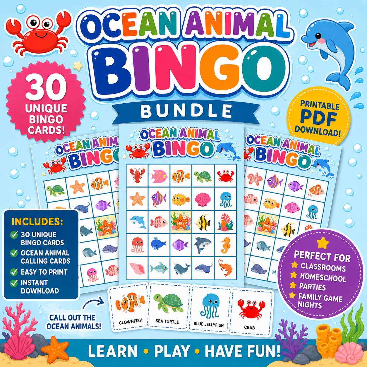 Ocean Animal Bingo Printable Game | 30 Unique Bingo Cards for Kids | Ocean Theme Classroom Activity | Homeschool & Party Game