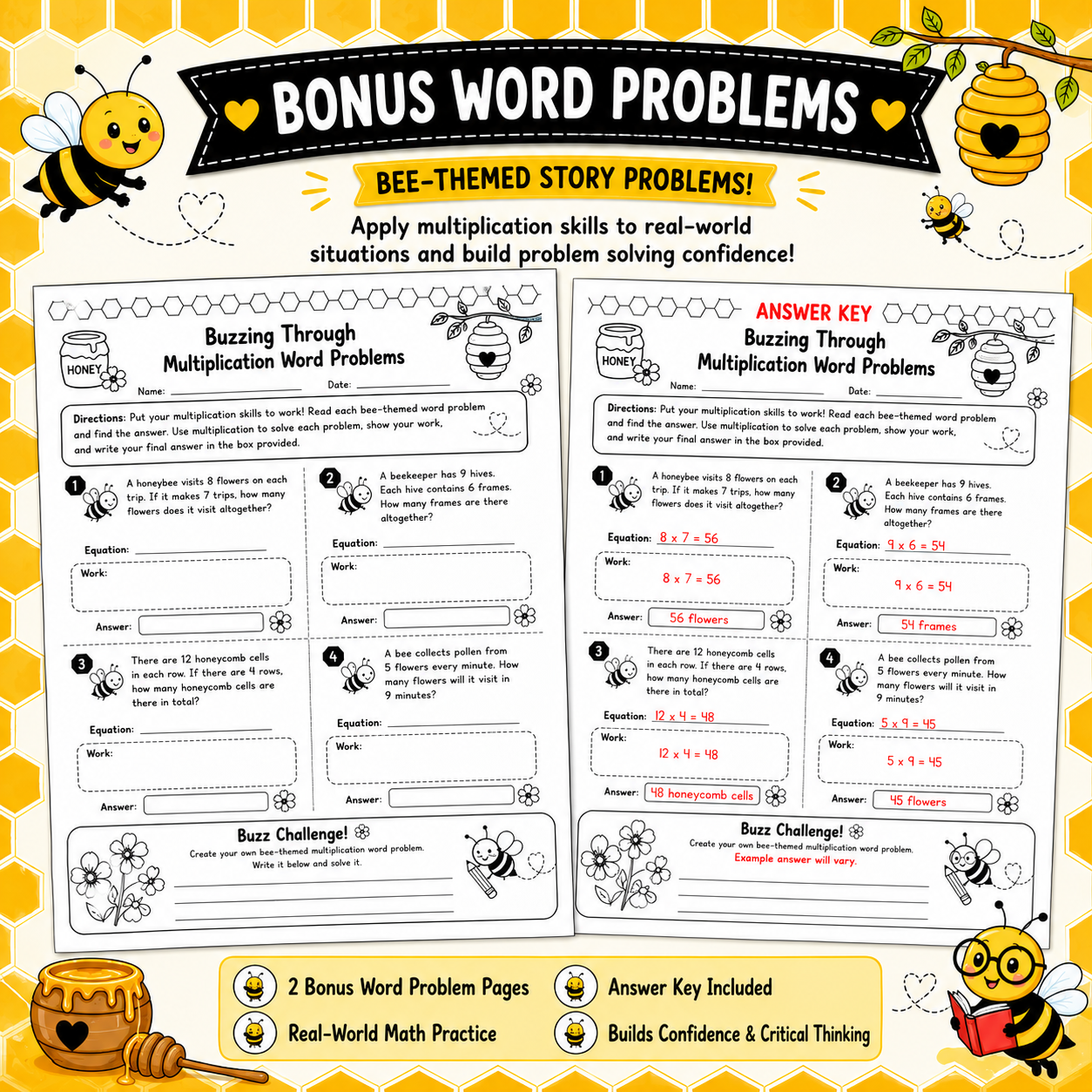 Buzzing Through Multiplication Facts 1–12 | Bee-Themed Math Worksheets
