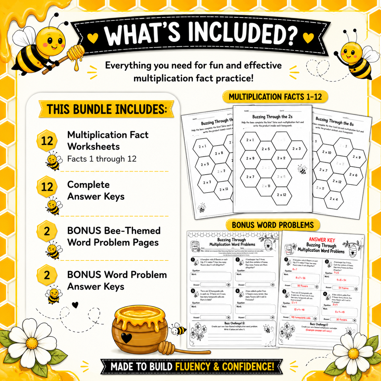 Buzzing Through Multiplication Facts 1–12 | Bee-Themed Math Worksheets