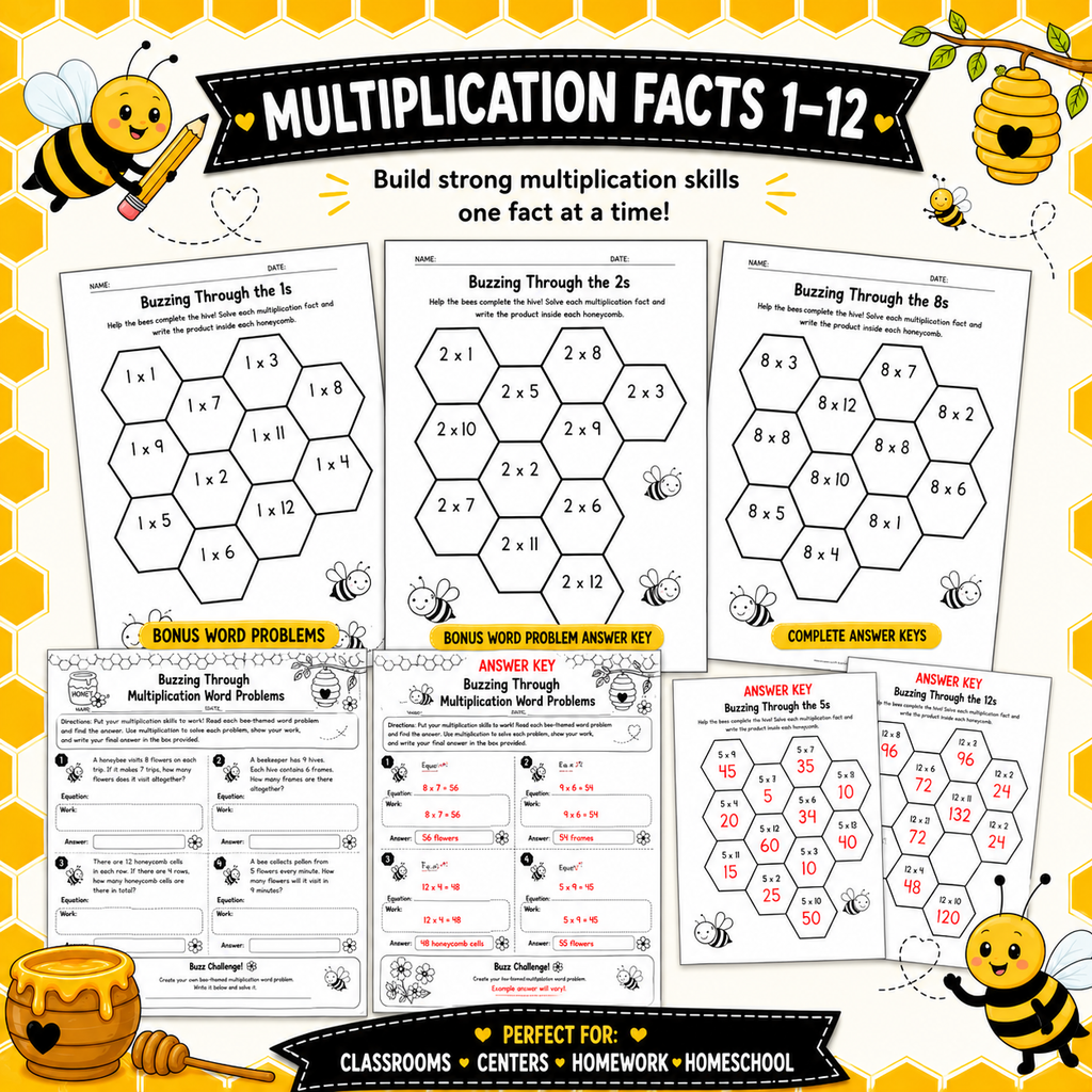 Buzzing Through Multiplication Facts 1–12 | Bee-Themed Math Worksheets