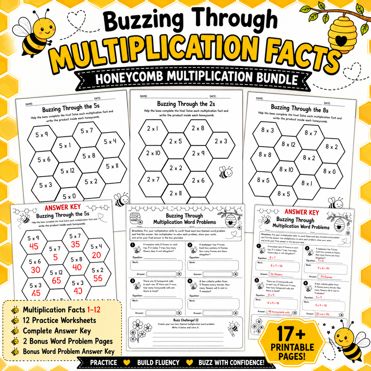 Buzzing Through Multiplication Facts 1–12 | Bee-Themed Math Worksheets